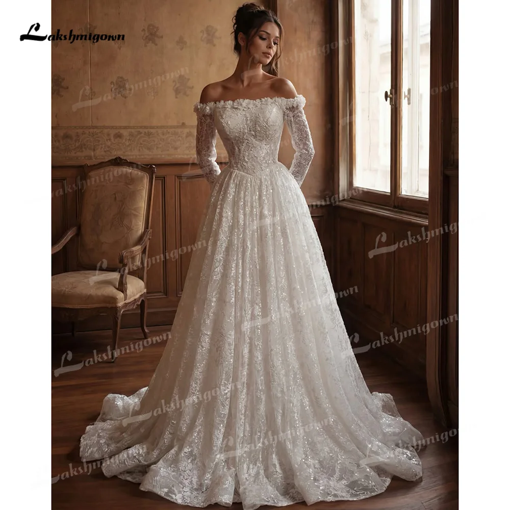 Vintage Off The Shoulder A Line Wedding Dress With Long Sleeves Floral ...