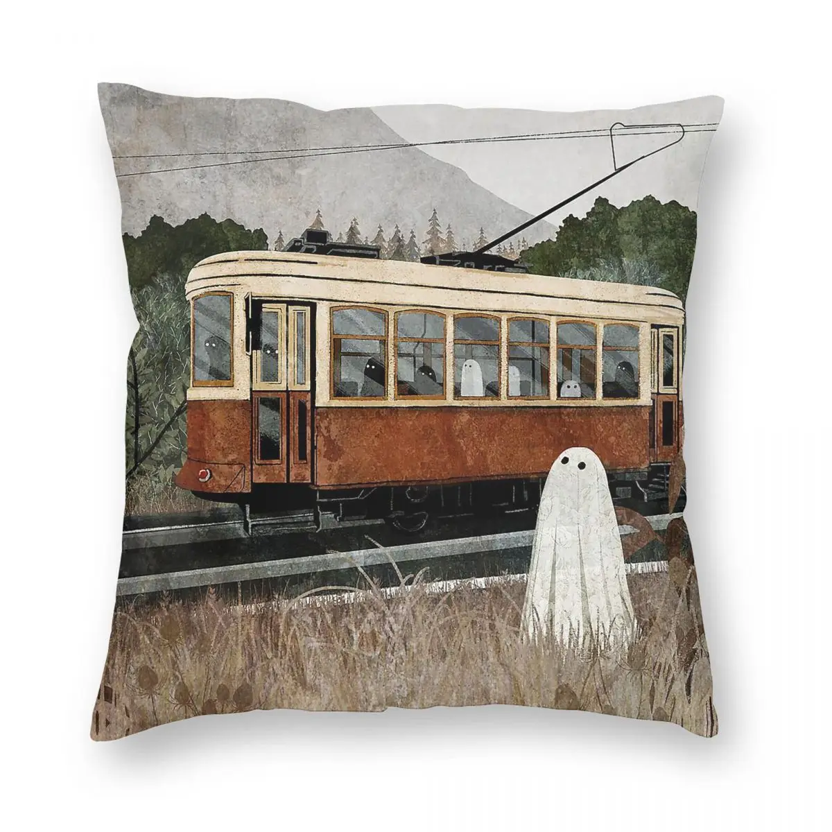 شبح الترام السفر ساحة المخدة البوليستر الكتان المخملية نمط البريدي ديكور وسادة السيارة القضية
