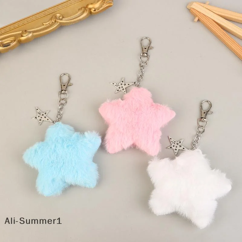【E】Süßer flauschiger Plüsch-Stern-Charm, Schlüsselanhänger, Y2K, Kunstkaninchenfell, Pompons, Tasche, Ornament, modische Geschenke