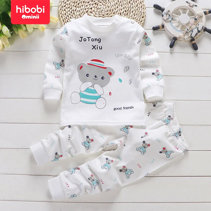 hibobi 2-Piece 100% Cotton Children\'s Autumn And Winter Round Neck Warm Home Clothes Set Cute Bear Pajamas And Pajama Pants Set