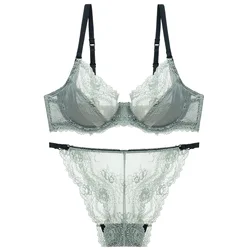 French Ultra Thin Underwear Set Sexy Lace Breathable Bra Set Women Comfortable Soft Intimates Lingerie Plus Size Bra Briefs Set