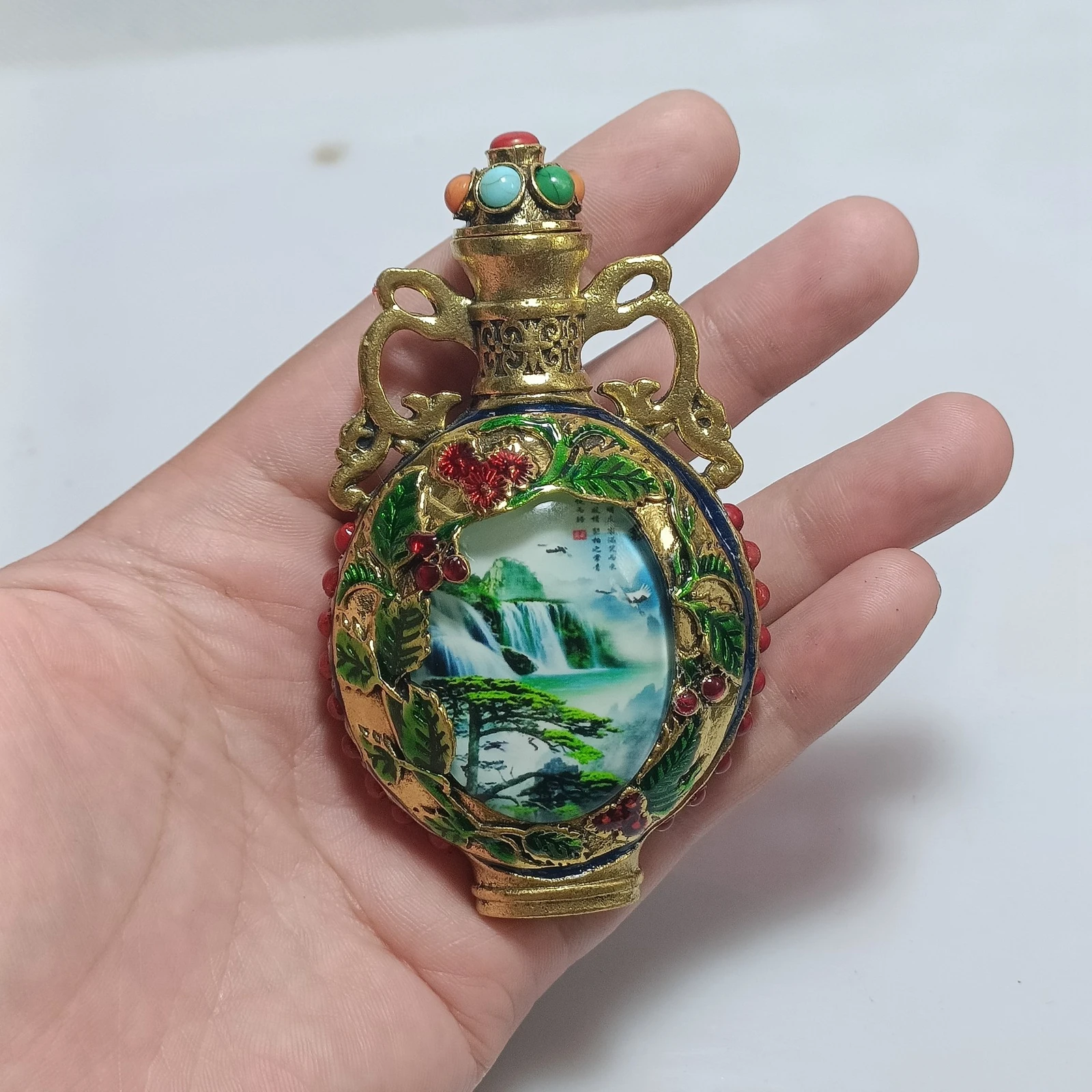 old Beijing chinese cloisonne snuff bottle enamel box painted Landscape Pine