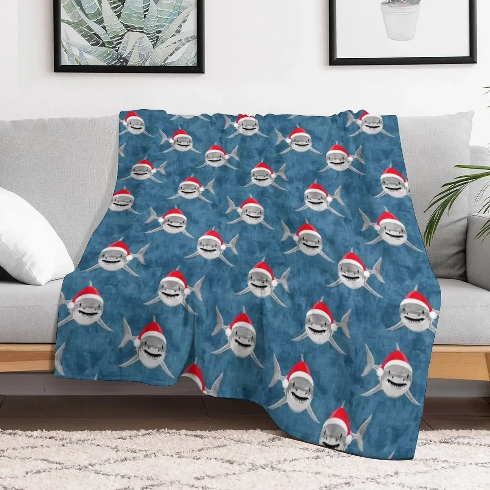 Santa Sharks - blue - Christmas shark Throw Blanket Shaggy Stuffeds Luxury St Beautifuls Blankets