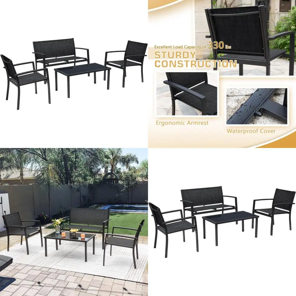 

4-Piece Outdoor Patio Furniture Set with Textilene Fabric Chairs and Glass Coffee Table, Black