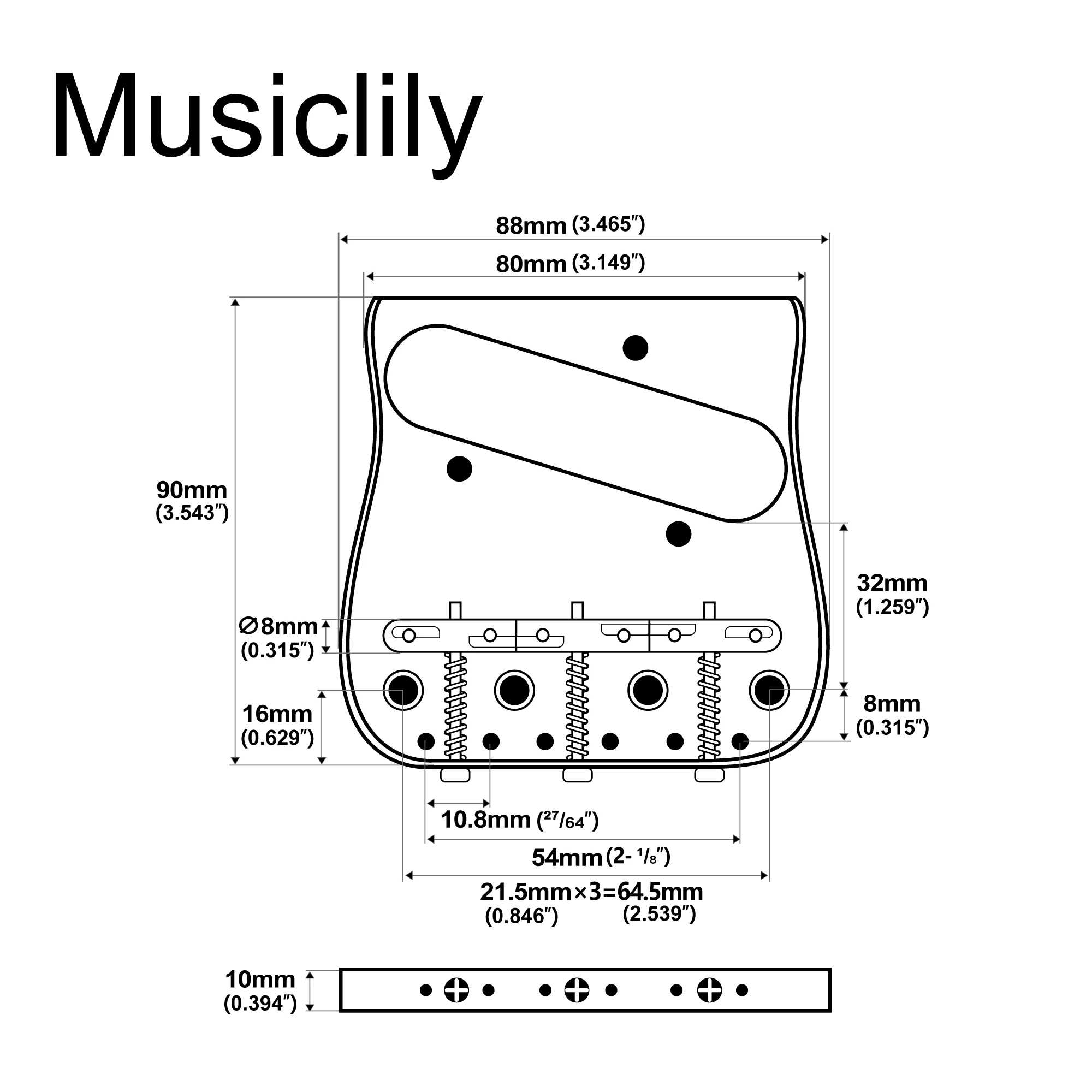 Musiclily Ultra 54mm String Spacing Full Solid Brass Plate with Compensated 3-Saddle Curved Tele Style Guitar Bridge, Chrome