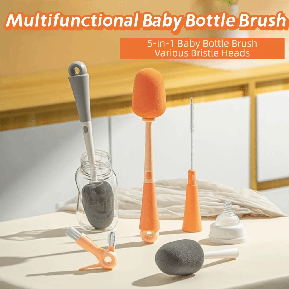 

5-in-1 Water Bottle Brush Soft Bristles Nylon Sponge Feeding Bottle Brush BPA-Free Long Handled Crevice Cleaner Kitchen Use