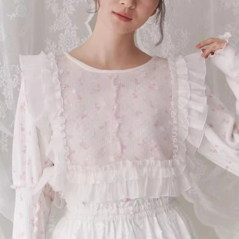 Japanese Design Shiny Flower Print Two-Piece Women's clothing Spring Autumn Lace Hollow Out Versatile Pullover Waistcoat Ladies