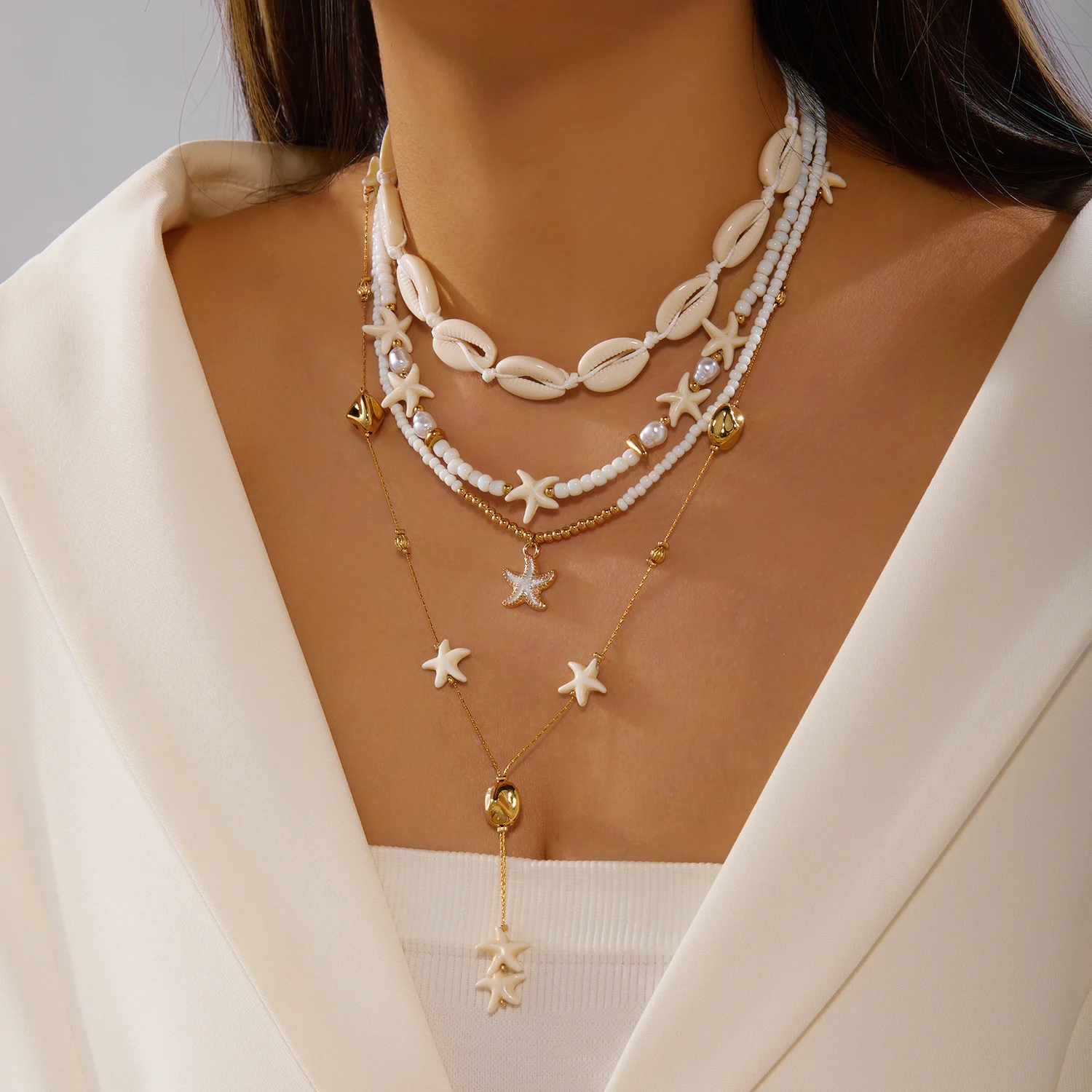 Böhmische Muschel-Seestern-Quasten-Halsketten-Sets für Frauen Handgefertigte Reisperlen-Stapel-Halsketten Trendiger Sommer-Strandschmuck – Detail 1