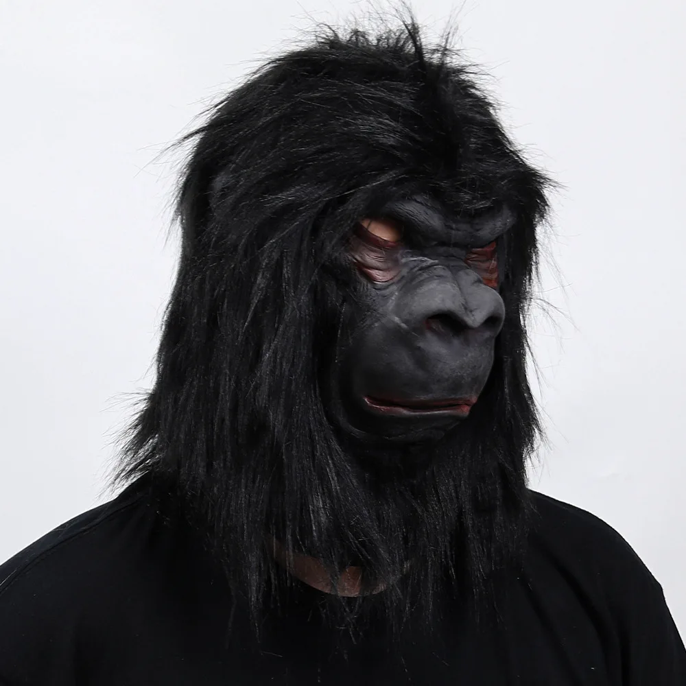 Gorilla King Kong Mask Chimp Monkey Head Mask with Fur Latex Full Head Mask for Carnival Costume Masquerade Animal Party Props