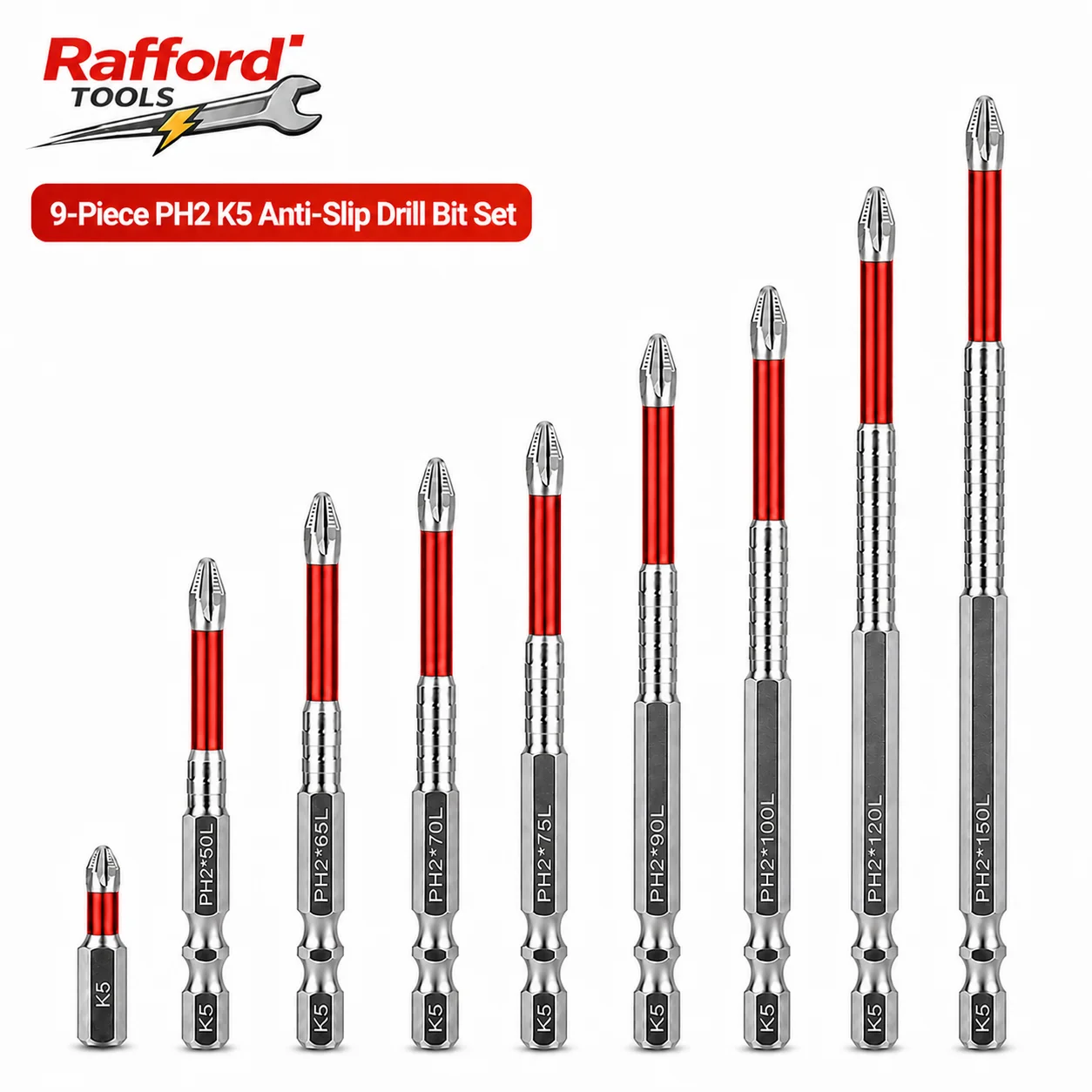 

Rafford 9PCS PH2 Red Sleeve Silver Drill Bit Set K5 Steel 1/4" Hex Shank Anti-Slip Magnetic Bits 50-150mm