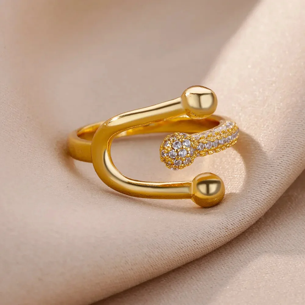 Chic Asymmetric Design Gold Color Ring Sophisticated Shiny Rhinestone Open Finger Ring Women's Gatherings Jewelry Gift image 3