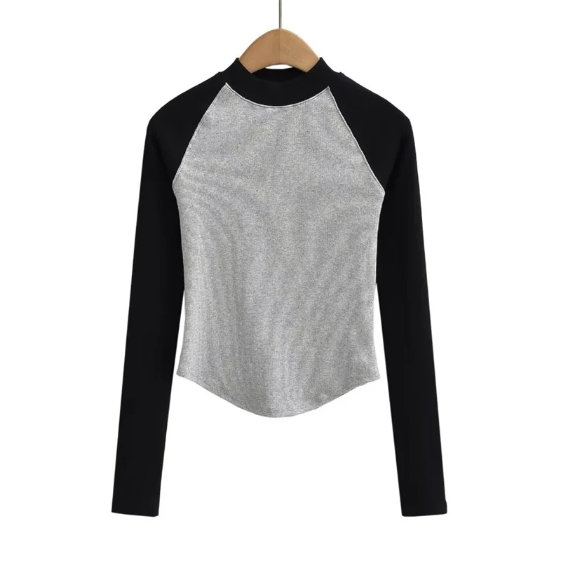 Fall 2023 Women's round Neck Long Sleeve T-shirt Color Block Shoulder Connected Hem Arc Design Ultra Popular Selling Shirt