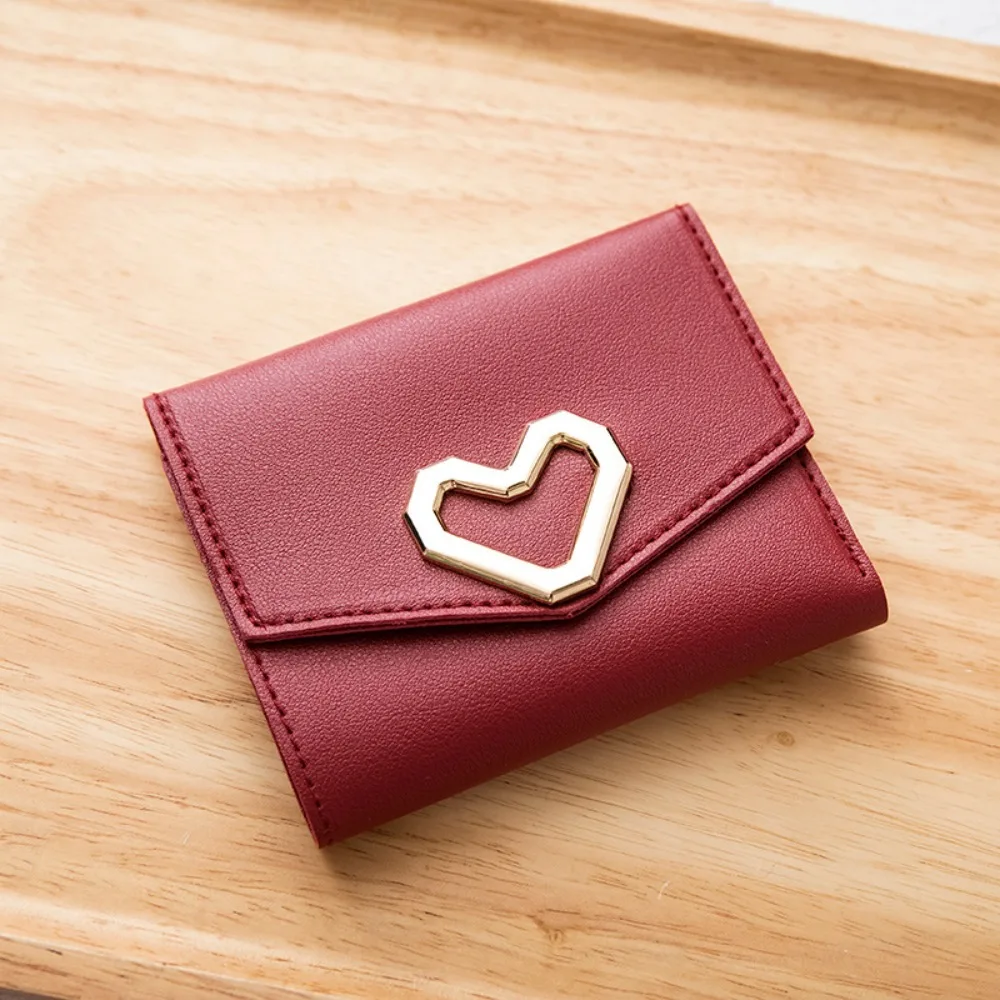 New PU Leather Square Trifold Wallet 5 Colors Heart-Shaped Coin Purse Short Wallet Women Girls