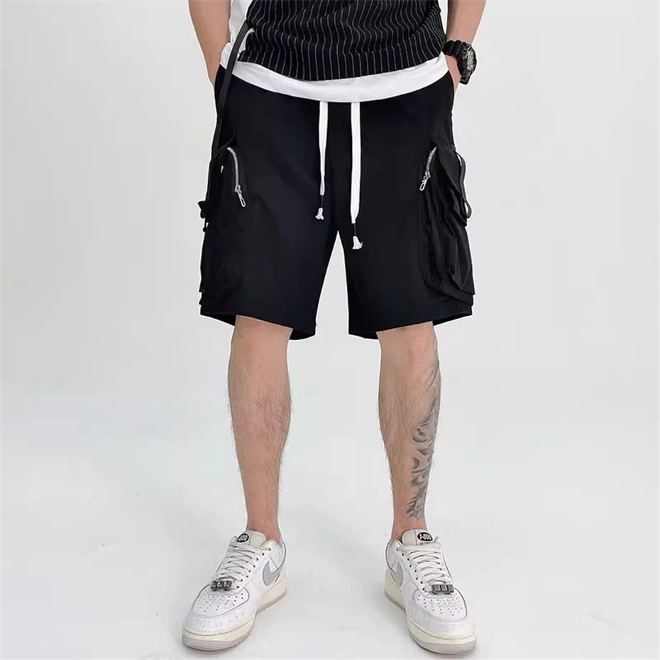 

Летние тонкие шорты-карго, мужские уличные брюки в стиле хип-хоп, панк, повседневные короткие мешковатые брюки с большими карманами, мужские брюки длиной до колена