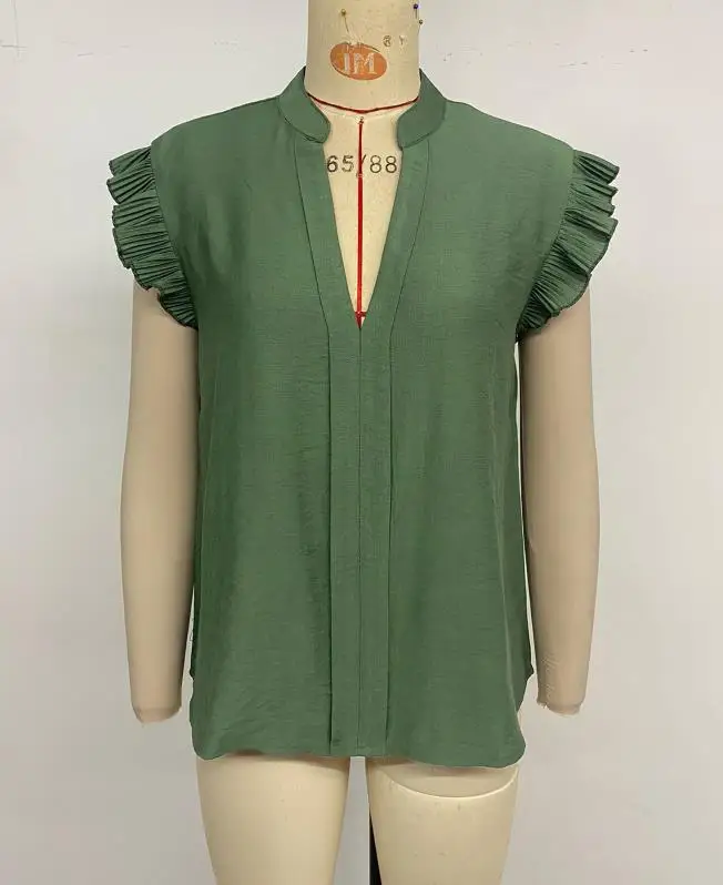 

Top Women 2026 Spring Summer New Flutter Sleeve Solid Color V-Neck Short Sleeve Loose Fit Casual Daily Shirt Top