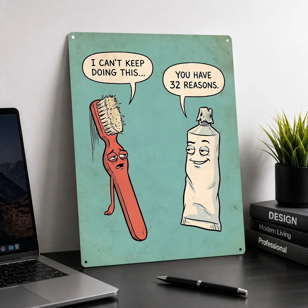 Funny Toothbrush and Toothpaste Comic Personalized 3D Textured Metal Poster Wall Art Vintage Tin Signs for Bedroom Decorations