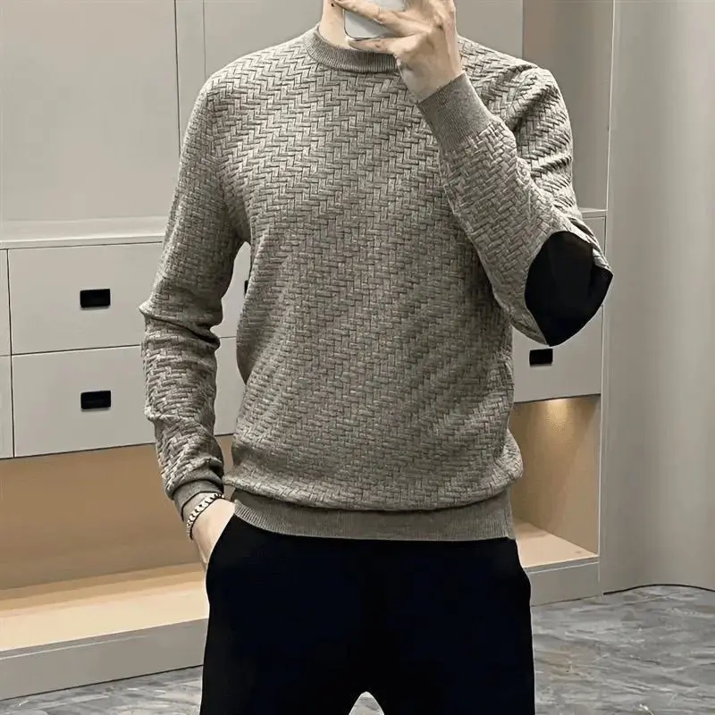 

Autumn Winter New Sweaters Men Solid O-Neck Jacquard Weave Fashion Casual Long Sleeve Slim Pullovers Bottoming Knitted Tops