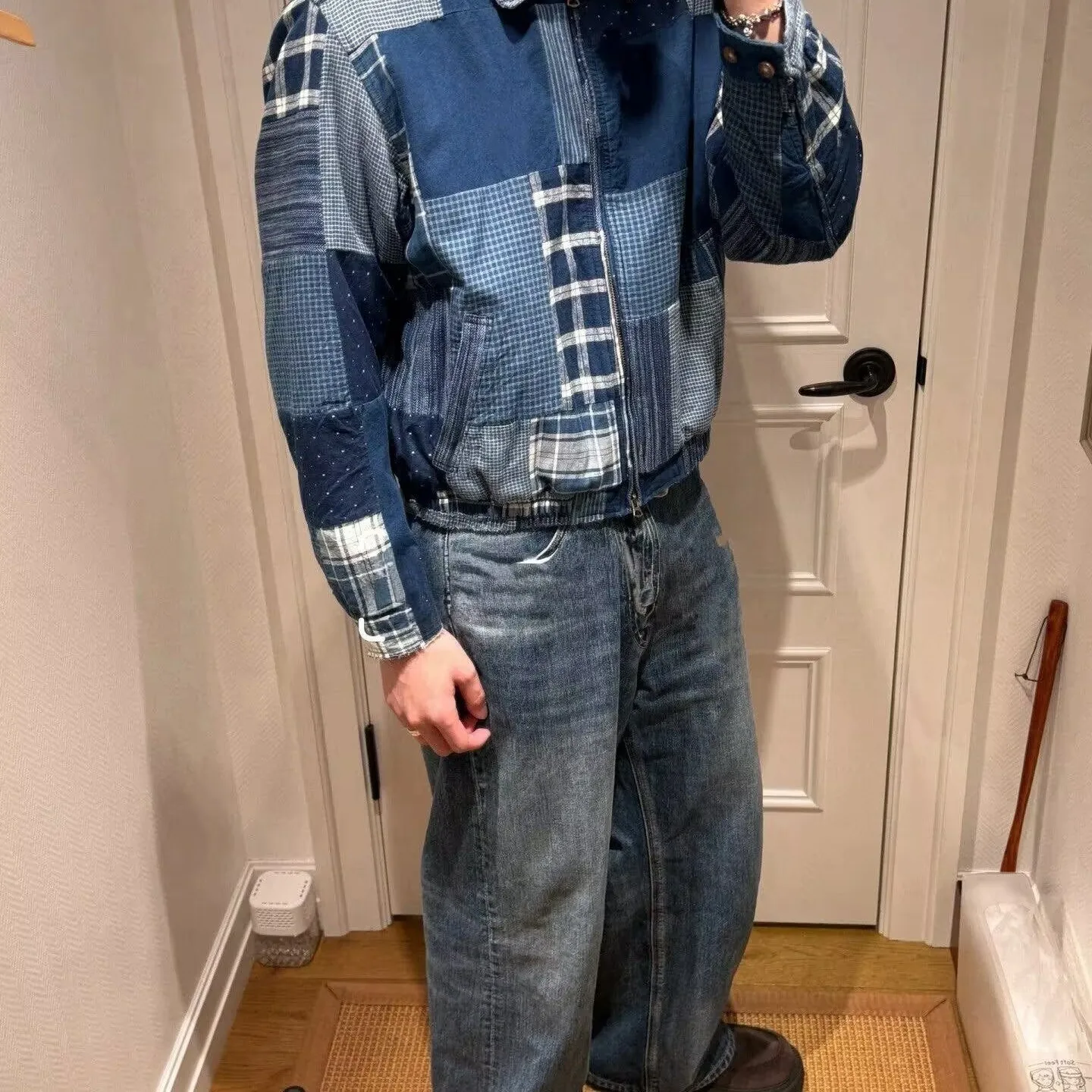 

Tokyo Limited Двусторонняя одежда Винтажная клетчатая джинсовая одежда на молнии Хлопковая куртка Верхняя одежда Chic Stand Fit Long Sve Stand Co...