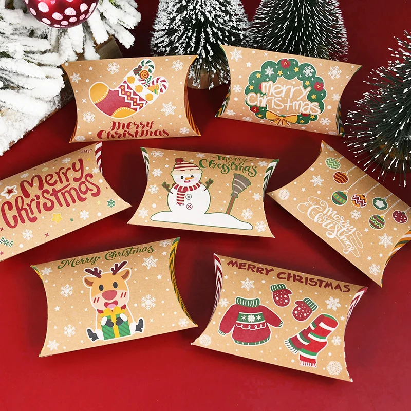 10pcs Christmas Pillow Shape Candy Box Christmas Decoration For Home Kraft Paper Gift Box Navidad 2025 New Year Packaging Bags