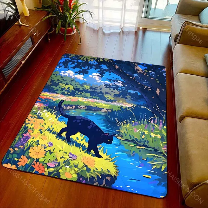Multiple sizes Black cat by stream wildflowers Print Carpet for Living Room Bedroom Sofa Home Decor Non-slip Mat Luxury Gift