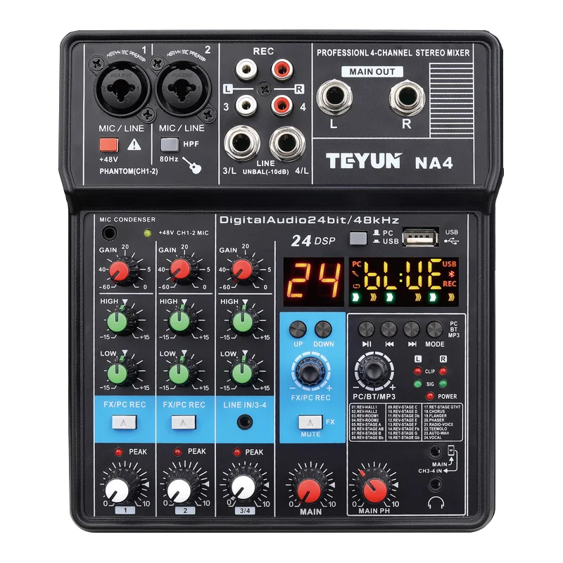 

TEYUN 4 Channel Mixing Console Bluetooth USB PC Play Record Audio Dj Mixer Broadcast Karaoke 24 DSP Effects 48V Sound Table NA4