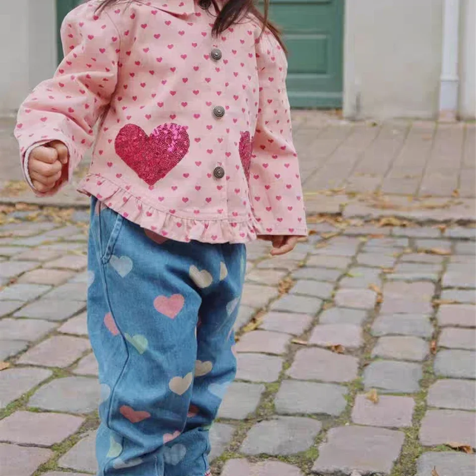 2025 KS Children Denim Clothes Set Toddler Girls Heart Print Jacket Jeans Kids Cute Overalls Dress Girl Dresses Outwear Pants