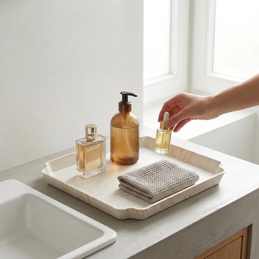 PP Plastic Wood Grain Vanity Tray Waterproof Stackable Makeup Organizer Cosmetics Perfume Storage Bathroom Counter Dressing Tabl