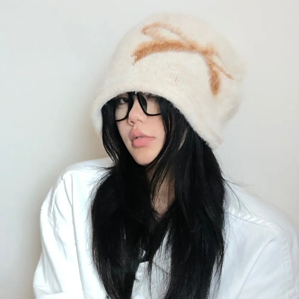 

Printed Bow Jacquard Knitted Hat Warm Wool Printing Beanies Big Head Circumference Korean Style Ear Protection Hat