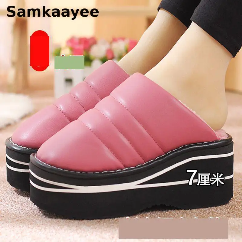 35-40 Zapatillas de Mujer, Zapatos de invierno con cuña para Mujer, Zapatos para el hogar, Zapatos de cuero Pu para Mujer, tacones de 7cm, calzado interior con plataforma inferior gruesa Y3