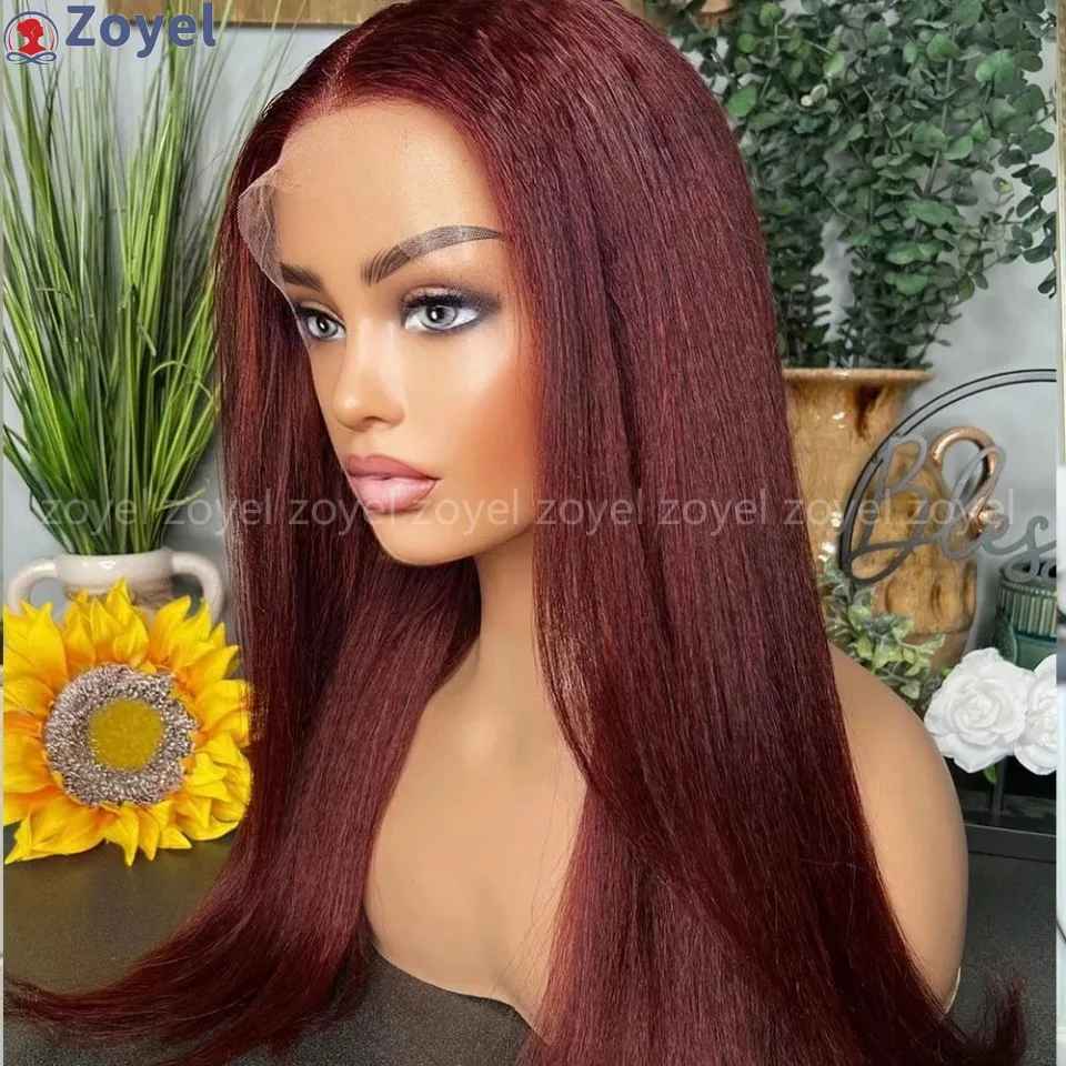 

Yaki Kinky Straight Burgundy 99J Красный Синтетический Парик Фронта Шнурка Для Чернокожих Женщин Детские Волосы Мягкие Бесклеевые Предварительно Сорванные Жаростойкие