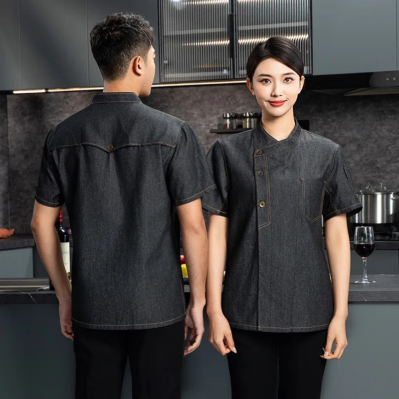 Uniforme de trabajo vaquero para camarero de restaurante occidental, traje de verano para restaurante, cantina, cocina, camisa de manga corta, ropa de trabajo para panadería