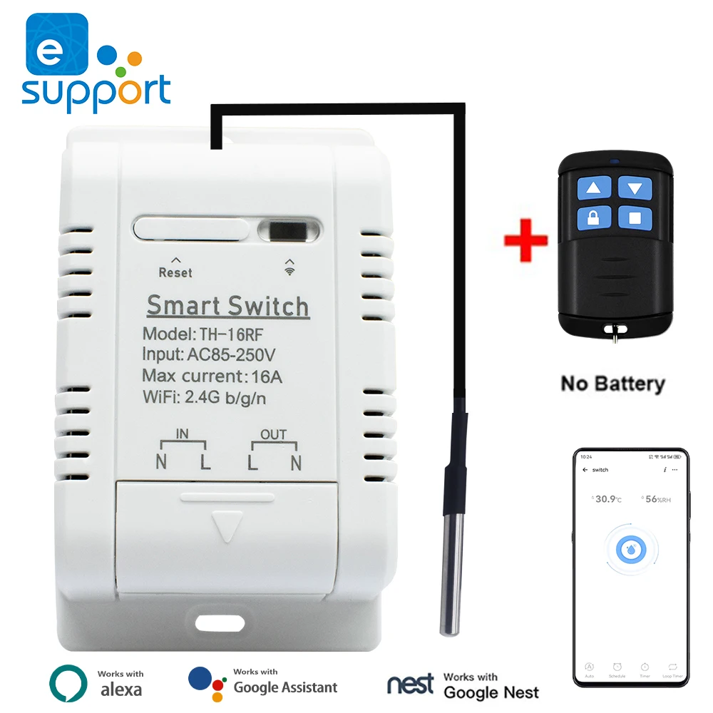 Tuya Smart Life / EWELINK Interruttore WiFi 220V 85-250V Relè con monitoraggio della temperatura Sensore termostato RF433 Compatibile con Alexa