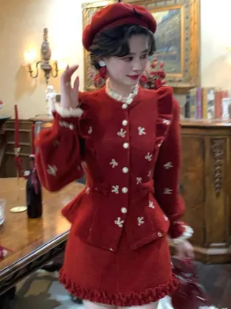 الفرنسية أنيقة الرجعية الأحمر 2 قطعة مجموعات النساء صالح شيك القوس سترة + تنورة صغيرة الشتاء خمر الحلو عيد الميلاد موضة وتتسابق 2025 #2