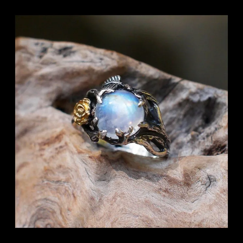 

Zhenrong Ebay Лидер продаж розовое золото с разделением цвета листьев дерева синтетический лунный камень тайское серебряное кольцо