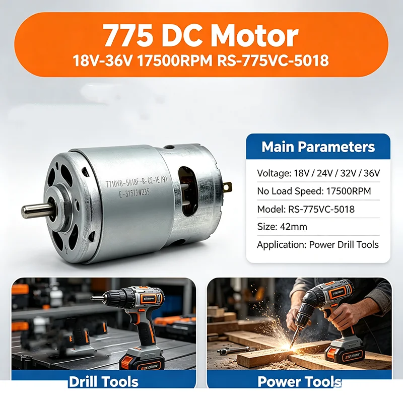 775 DC Motor 17500RPM High Speed 18V 24V 32V 36V with Ball Bearing RS-775VC-5018 42mm for Power Drill Tools