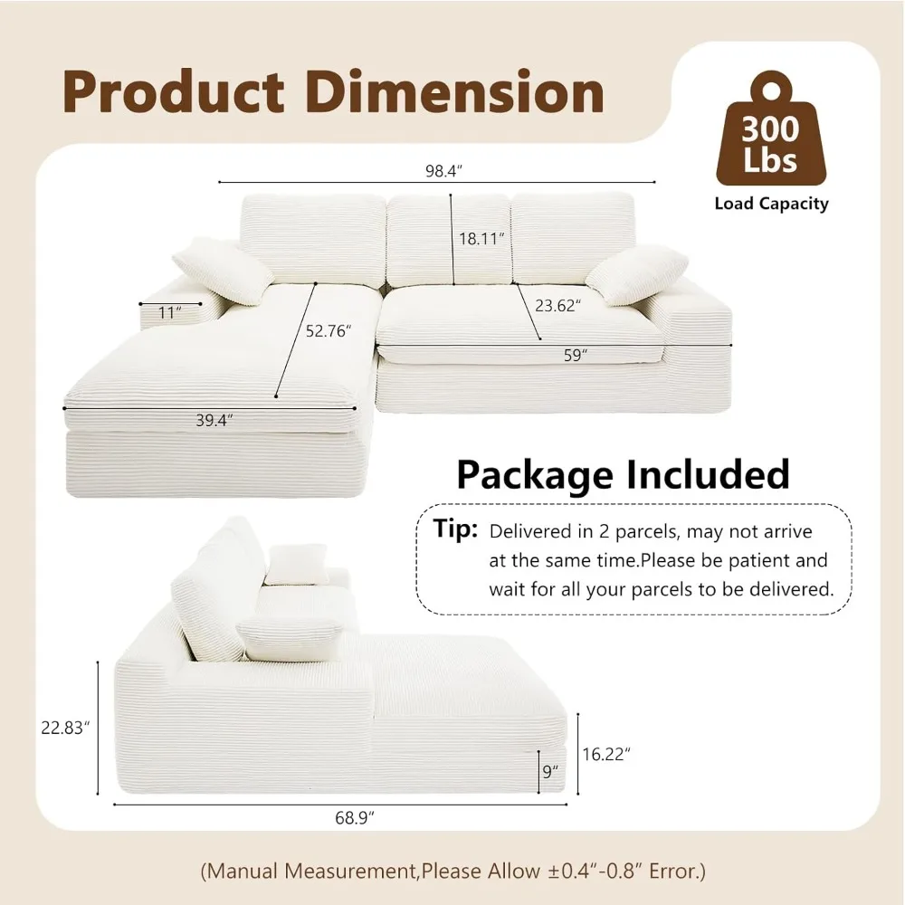 أريكة مقطعية سحابية مقاس 98.4 بوصة مع كرسي، أريكة منجدة حديثة على شكل حرف L مع مقعد عميق، أرائك مقسمة على شكل سروال قصير