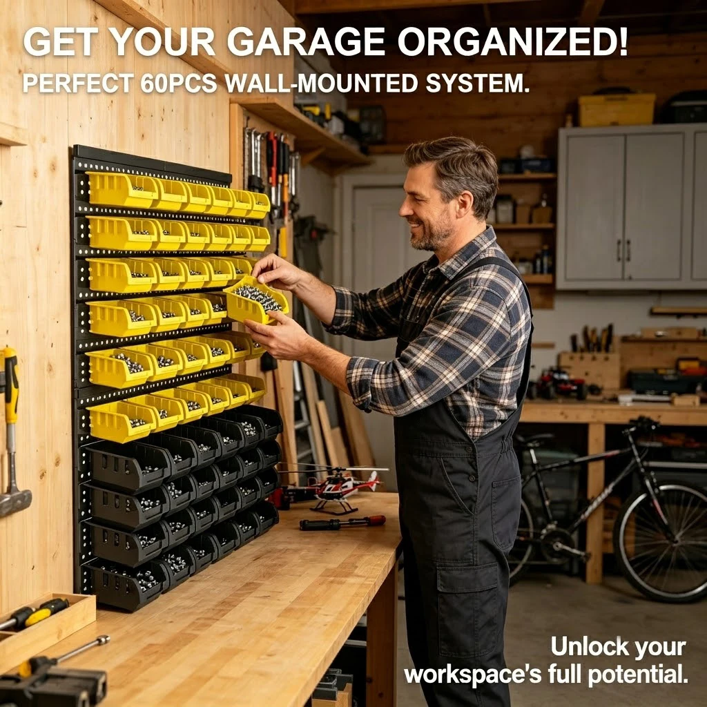 Wall Mount Parts Storage Rack 60Pcs 3 Size Stackable Plastic Hanging Bins Garage Hardware Screw Bolt Tool Organizer Container