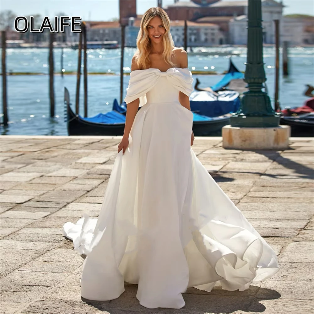 

Красивое свадебное платье А-силуэта с открытыми плечами, плиссировкой, бантом, из атласа, со съемным шлейфом, для женщин, на заказ, vestidos de novia