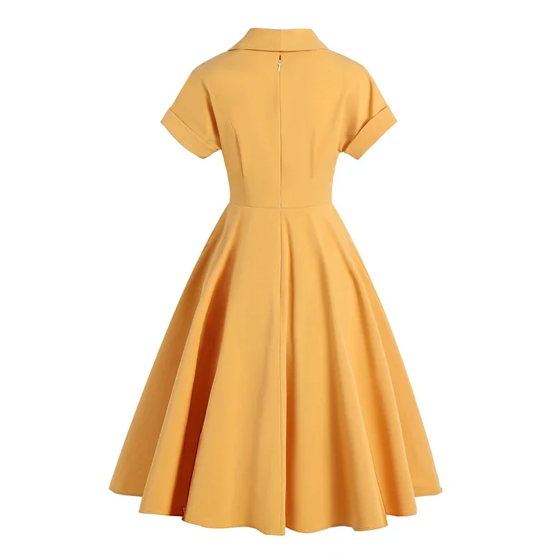 LSYCDS Turn Down Collar Button Up Elegant Women Summer Dress 1950S Vintage Style Ladies Print Solid Midi Swing Dresses