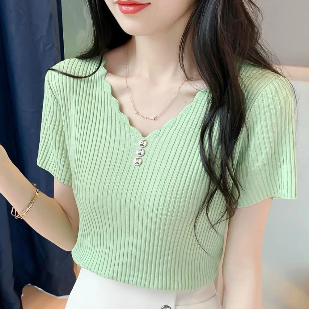 

Fashion Woman Blouse Short Sleeved Blouse Women V Neck Knitted Blouse Shirt Women Clothes Womens Tops And Blouses Elegant S-3XL