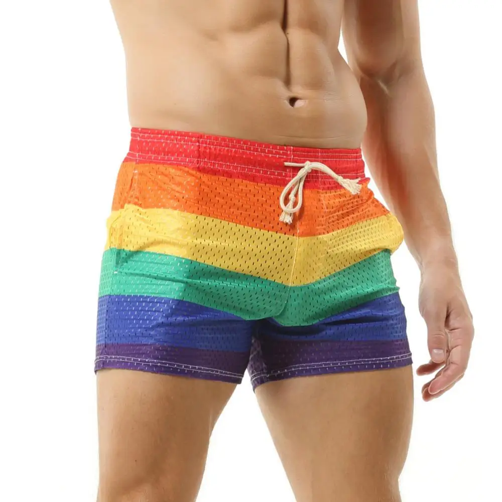 Men\'s Shorts Rainbow Stripe Fashion Casual Shorts Mesh Breathable Drawstring Sports Shorts Gym Men Boxer Shorts Bottoms Pocket