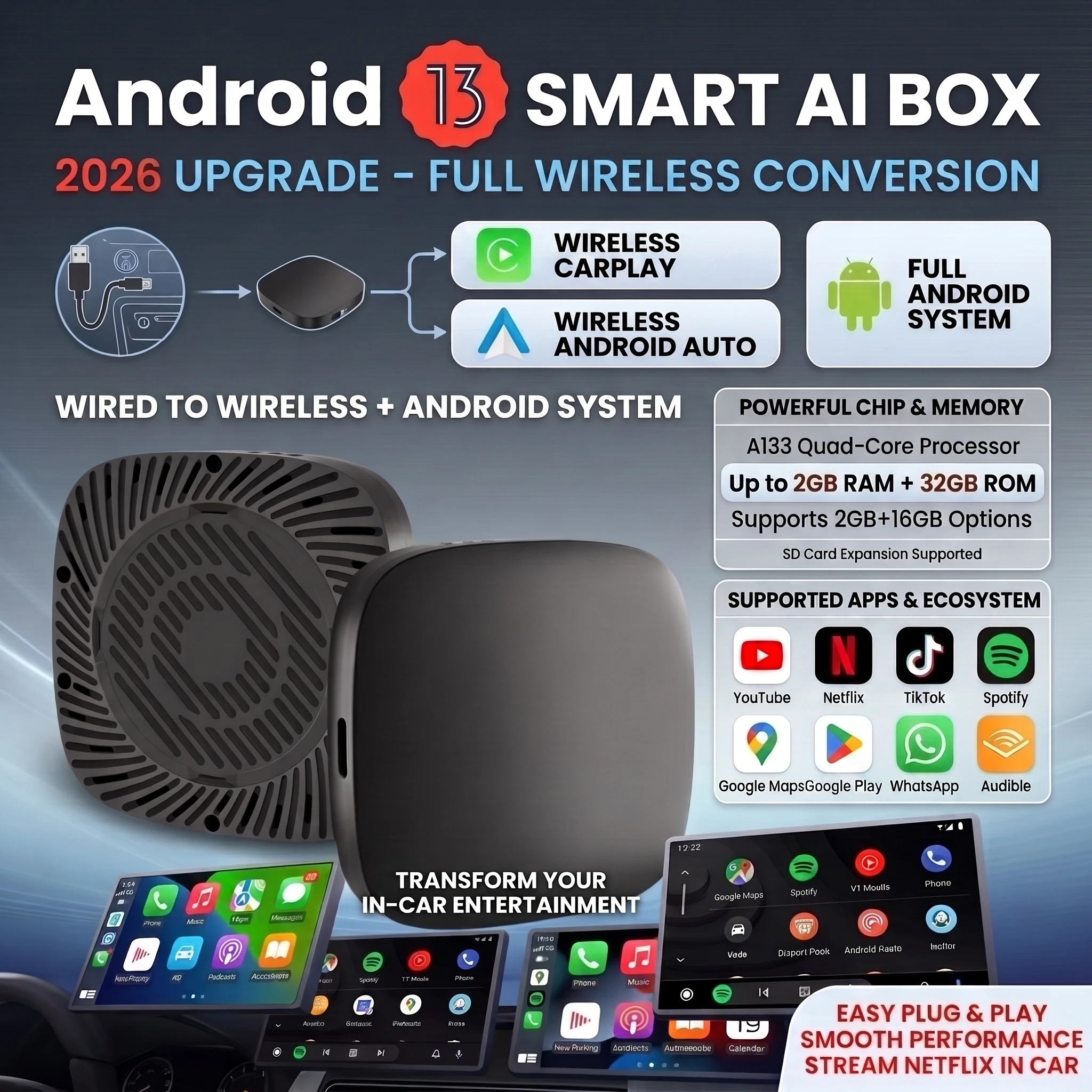 2026 Android13 CarPlay Ai Box Kowankit Wireless Android Auto 3in1 USB Adapter For Youtube Netflix Universal TV Box Plug And Play