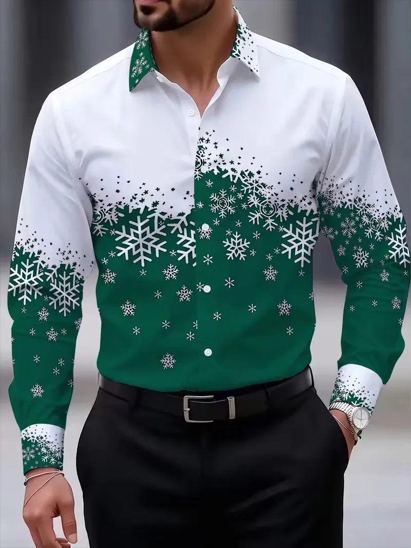 New Men's Christmas Snowflake Reindeer Printed Shirt Ice Edge Art Snowflake Party Collar Long Sleeve Shirt