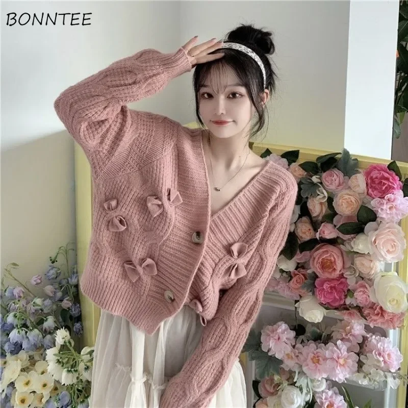 

V-neck Cardigan Women Gentle Temperament Loose Bow Korean-style Long Sleeves All-match Warm Leisure Autumn Knitting Solid Design