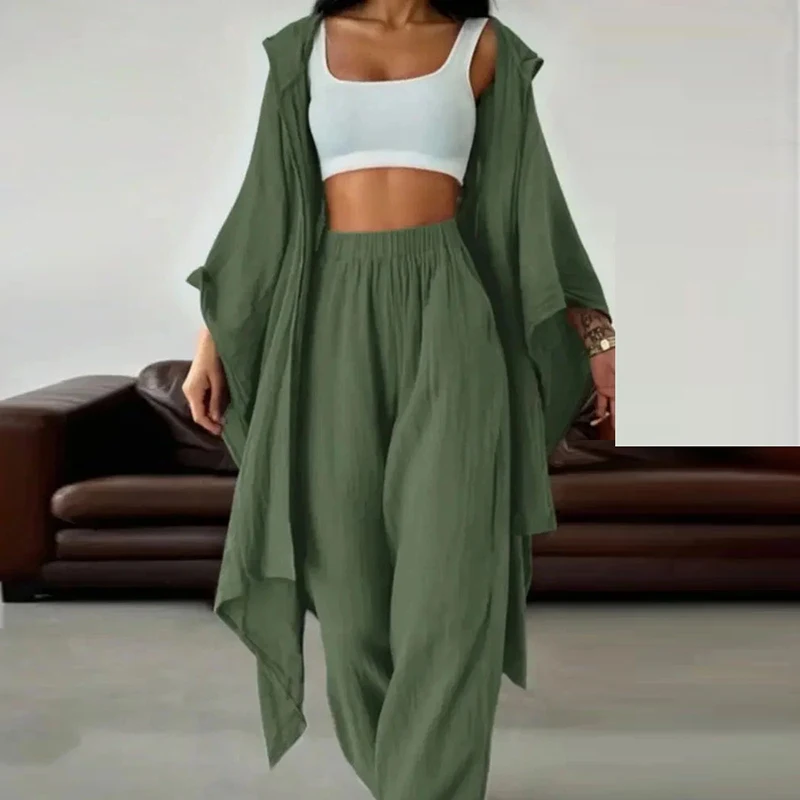 Fashion Hooded Cardigan & Long Pant SetS Women Elegant Hight Waist Loose 2Pc Outfits Casual Long Sleeve Cotton Linen Solid Suit