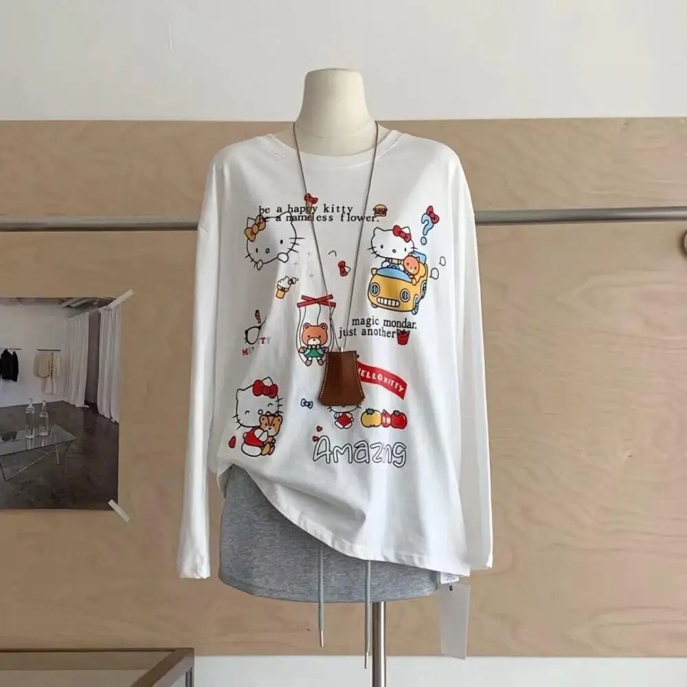 

Cartoon White Interior Graphic Tee Cotton Crew Neck Streetwear Fashion Loose Solid Color Long Sleeves T-Shirt Korean New Kawaii