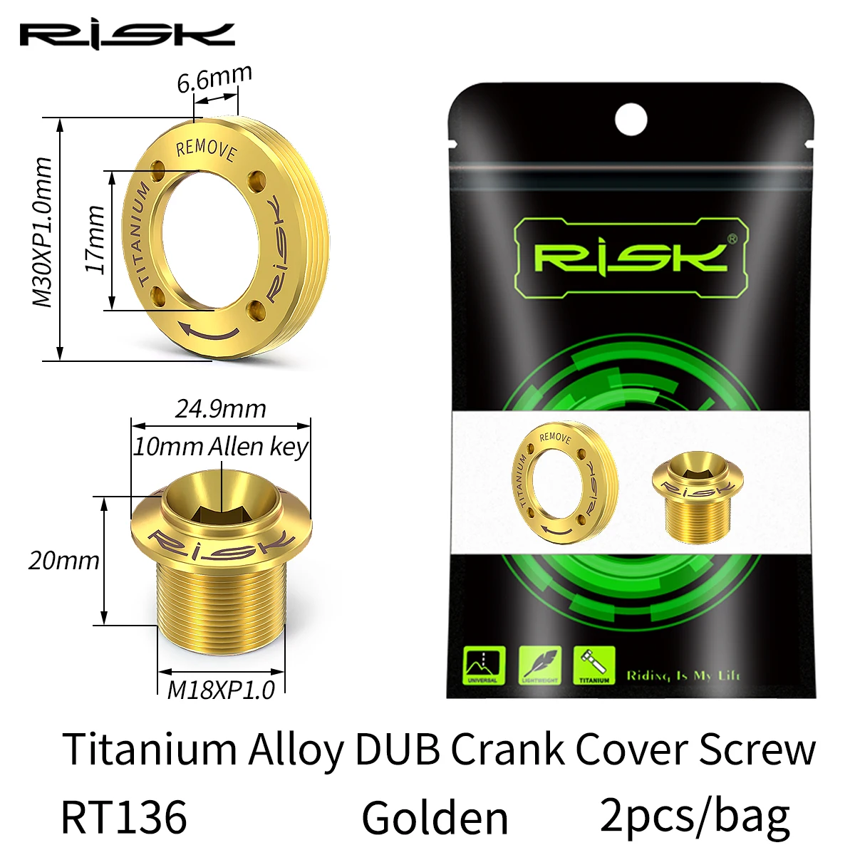 น็อตครอบขาจานจักรยาน RISK รุ่น DUB ทำจากไทเทเนียมอัลลอยด์ สำหรับยึดขาจานและแหวนโซ่จักรยาน ใช้ได้กับ Sram DUB NX/GX/Force/XX1/AX