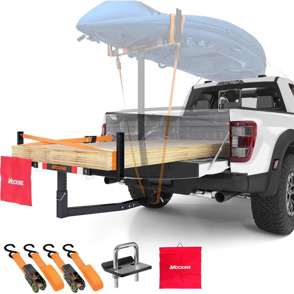 750 lbs Capacity Steel Truck Bed Extender Hitch Mount - 2-in-1 Canoe Rack & Cargo Trailer with Stabilizer & Straps for Ladders,