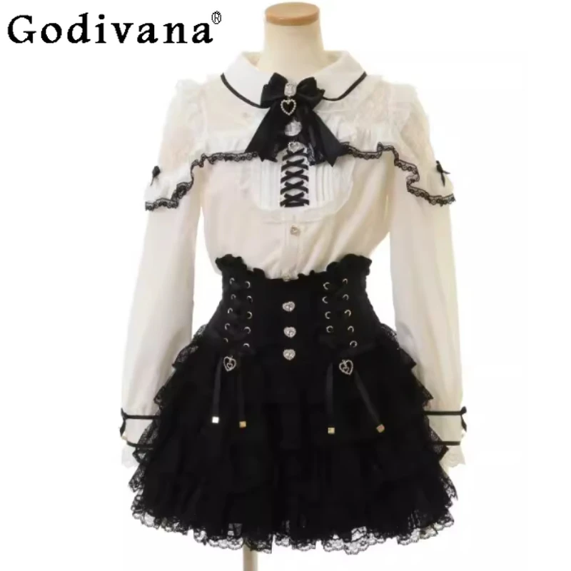 

Plus Size Spring Autumn Japanese Sweet Bow Off-shoulder Lace Shirt Cute Girl Age-reducing Long Sleeve Peter Pan Collar Shirts