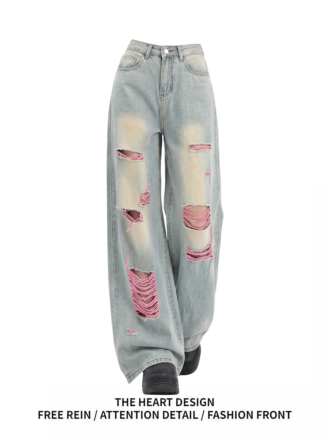 

American Retro Blue Hole Denim Pants Summer New Street Loose Straight Leg Wide Leg Pants High Waist Zipper Soft Washed Casual